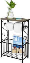 MyGift Scrollwork Black Metal Toilet Paper Roll Holder and Magazine Rack Stand with Gray Solid Wood Display Shelf