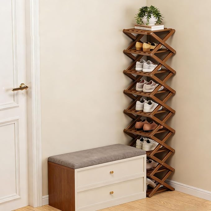 The 9-Tier No-Assembly Bamboo Rack, Foldable Space-Saving Organizer for Shoes, No Assembly Narrow Shoe Shelf for Entryway Closet Dorm (Brown, 9)