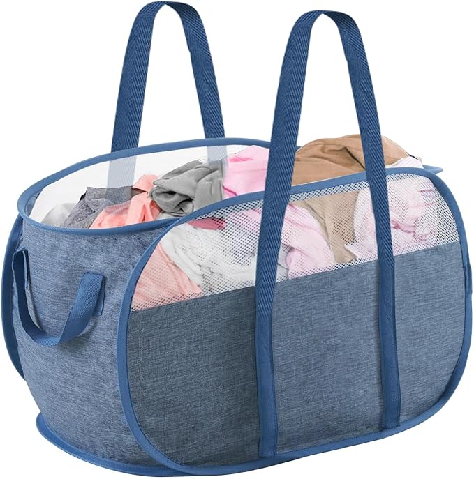 Collapsible Laundry Baskets, Pop Up Laundry Baskets with Reinforced Handles, Lightweight Foldable Laundry Basket for LaundryRoom, Bathroom or Travel (Blue)