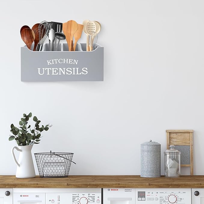 Kitchen Utensil Holder with Drainage Bottom, Extra Large 4 Compartments Solid Real Wood Utensil Organizer for Kitchen Counter, Farmhouse Cooking Tools Storage for Countertop, Grey