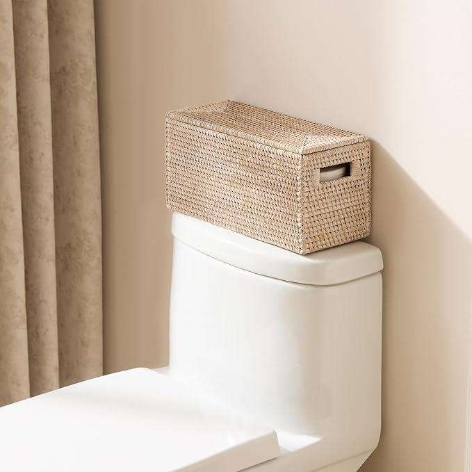 YANGQIHOME Toilet Paper Basket, Rattan Toilet Tank Basket for Bathroom, Wicker Baskets with Lid for Storage, Whitewash