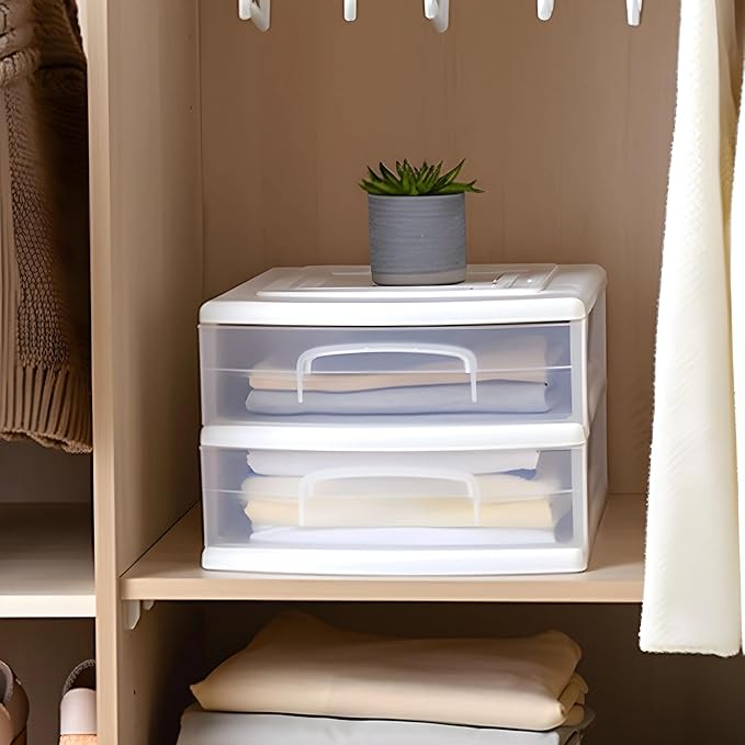 HOMZ 2-Pack 2-Drawer Storage Cart, Clear Plastic Drawers, 14.25" Wide Medium, White Frame - Organizing Drawer Containers for Home, Bathroom, Bedroom, Office, and Classroom