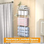 Towel Racks for Bathroom Wall Mounted, 4 tire Bath Towel Storage - with 2 Pack Towel Shelf and Floating Shelves Over Toilet, Rolled Towel Holder Shelf Organizer, Sturdy Metal & Wood, 34inch, White
