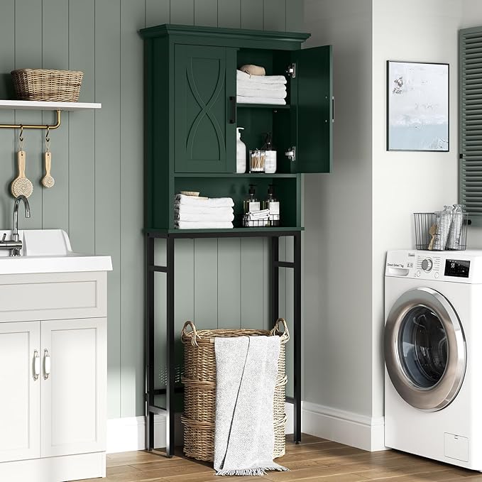 Over The Toilet Storage Cabinet, Over Toilet Storage, Above The Toilet Cabinet with Inner Adjustable Shelf and Open Storage, Forest Green