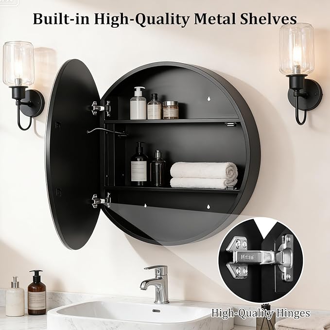 WallBeyond 28 in Round LED Medicine Cabinet with Mirror, Black Bathroom Cabinet with Storage, 3 Color Stepless Dimmable Lights, Anti-Fog, Memory Function, Hardwired, Surface Mount