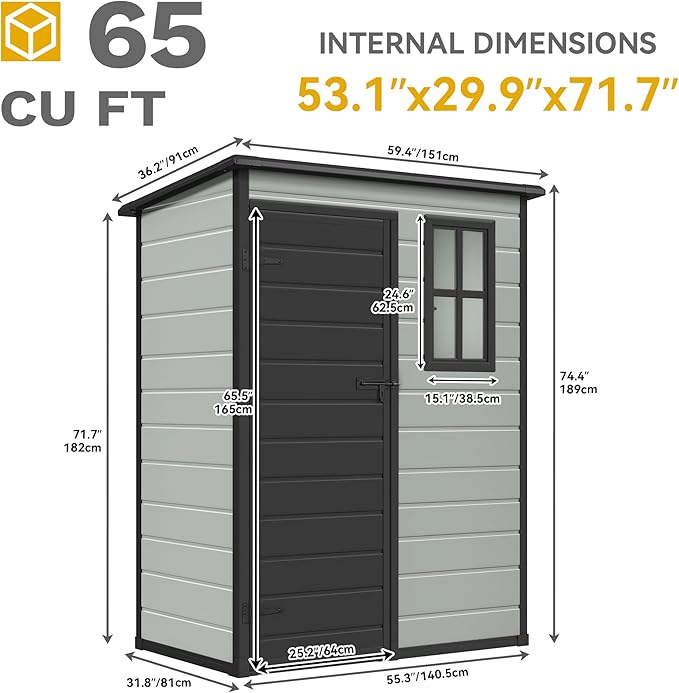 DWVO 5x3ft Resin Outdoor Storage Shed with Floor, Waterproof Lockable Storage Shed with Window, Plastic Outside Tool Storage for Garden, Backyard, Patio, Lawn,Blue-Gray+Black