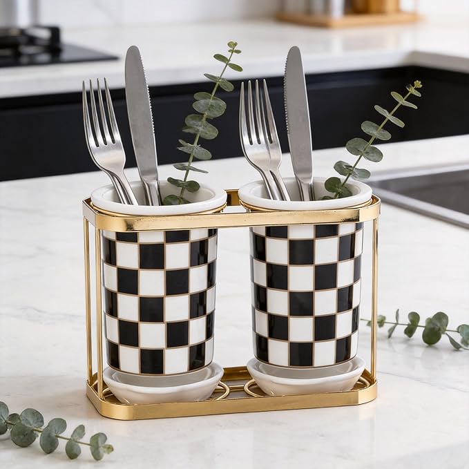 Ceramic Checkered Utensil Crocks with Gold Metal Rack, Black & White Grid Kitchen Utensil Storage, Farmhouse Kitchen Decor, Flatware Organizer & Home Accessory (Black)