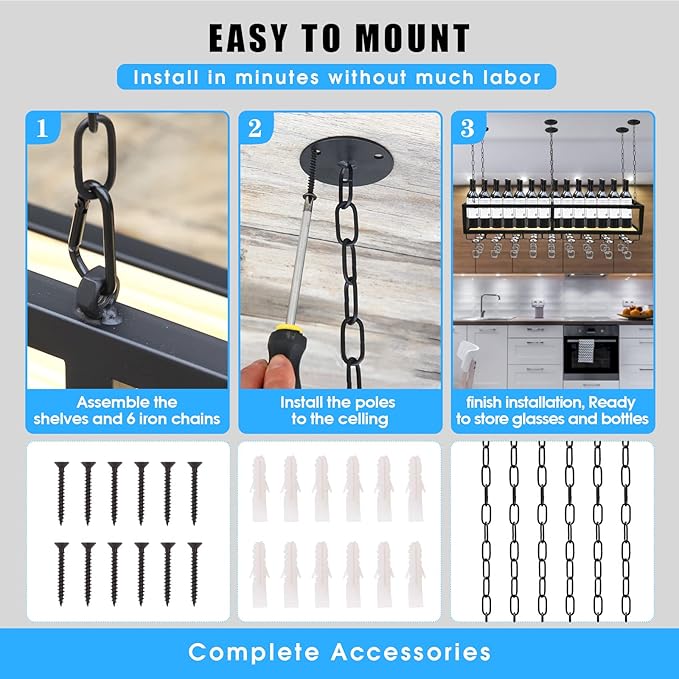 Ceiling Wine Glass Rack - Hanging Wine Rack with Glass Holder and Shelf, Height Adjustable Industrial Hanging Wine Bottle Holder, Black Metal Ceiling Shelf for Bar Cafe Kitchen (31.4×9.8×8.6in)