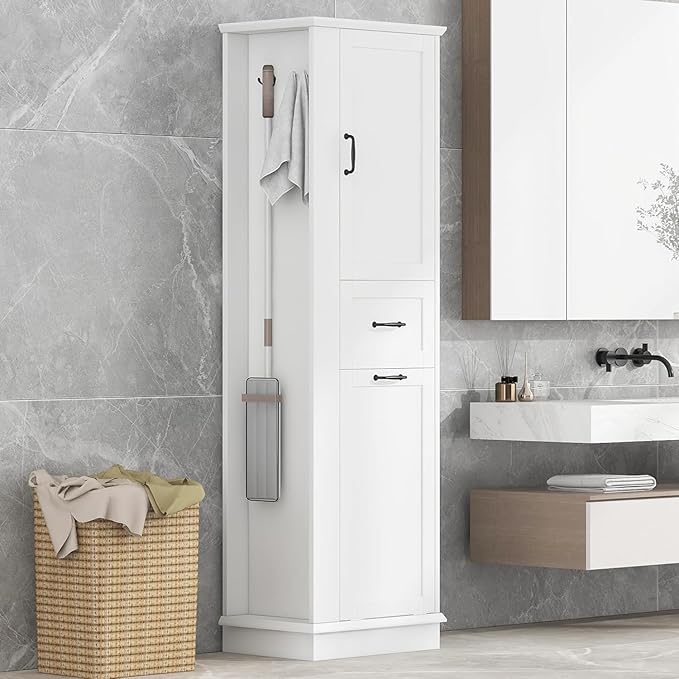 Tall Laundry Cabinet with Tilt Out Hamper, Wood Bathroom Storage Cabinet with Door,Drawer and Adjustable Shelves Freestanding (White)