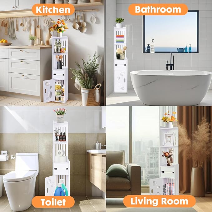 ShellKingdom Toilet Paper Holder Stand, Tall & Slim Bathroom Storage Cabinet, Freestanding Corner Shelf, Bathroom Cabinet for Small Space, Corner Shelf, 39.37 x 7.87 x 7.08 inch (White)