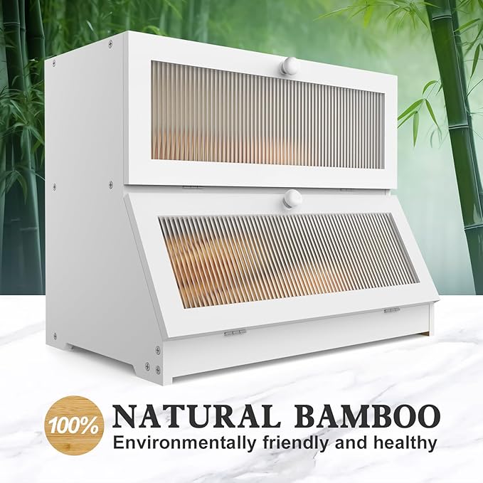 Bamboo Bread Box for Kitchen Countertop, Double Layer Large Bread Storage Container for Homemade Bread with Window & Lid, Bread Keeper Holder, White
