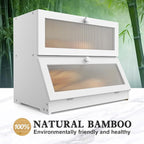 Bamboo Bread Box for Kitchen Countertop, Double Layer Large Bread Storage Container for Homemade Bread with Window & Lid, Bread Keeper Holder, White