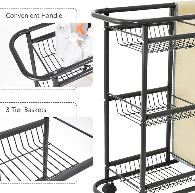 Rolling Laundry Basket with 3 Storage Baskets and 45 L Bag, Heavy Duty Laundry Cart with Wheels and Handle, Space Saving Laundry Room Organization for Bathroom Living Room Apartment Dorm