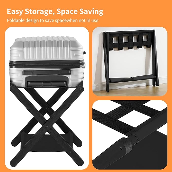 Heybly Luggage Rack, Folding Suitcase Stand with Storage Shelf, Heavy-Duty Luggage Holder for Guest Room Bedroom Hotel, Holds up to 165 lb, Black, HLR010B1