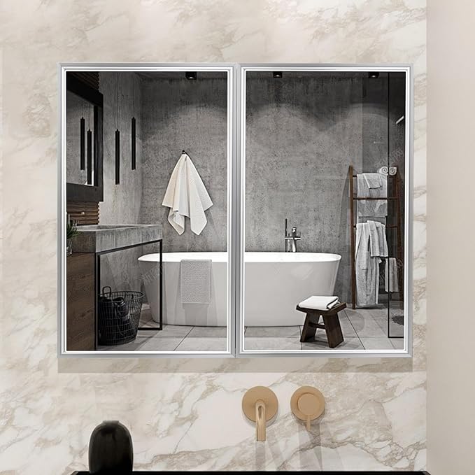 Medicine Cabinet with Aluminum Framed Mirror,36"x32" Surface Mount or Recessed Mount Bathroom Vanity Mirror,Single Door Bathroom Mirror with Storage Cabinet