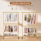 Abiglifty 2 Tier Clothes Rcks for Hanging Clothes, Heavy-Duty Clothing Rack with Wheels,150LBS Capacity, 42" W X15 D X 77" H Garment Rack with Bottom Shelf, for Bedroom, Living Room, Gold