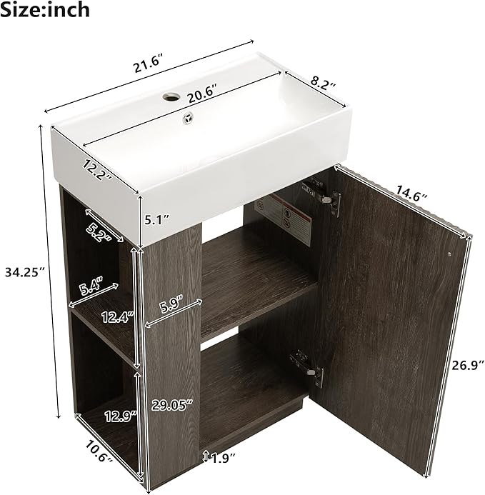 21.6" Small Fluted Bathroom Vanity with Sink,Soft Closing Doors and Storage Shelves,Natural Wood Single Bathroom Sink Cabinet Combo Freestanding,Dark Grey