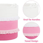 CherryNow Extra Large Woven Storage Baskets – 16'' x 17'' Cotton Rope Decorative Pink Hamper for Nursery, Toys, Blankets, and Laundry, Cute Tassel Nursery Décor for Baby & Girl