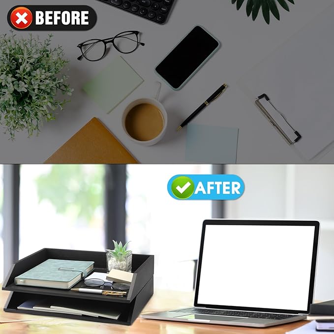 2 Pcs Wooden Letter Tray Wood Letter-Size Desk Organizer Heavy Duty 2 Tier Stackable Support Paper Tray Desktop Drawer File Folder Magazine Office Accessories Back to School(Black)