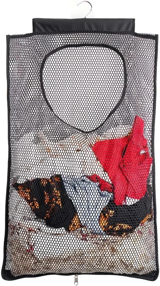 ALYER Breathable Mesh Laundry Hamper,Foldable Hanging Closet Storage Basket,Portable Space Saving Dirty Clothes Bag (Black)