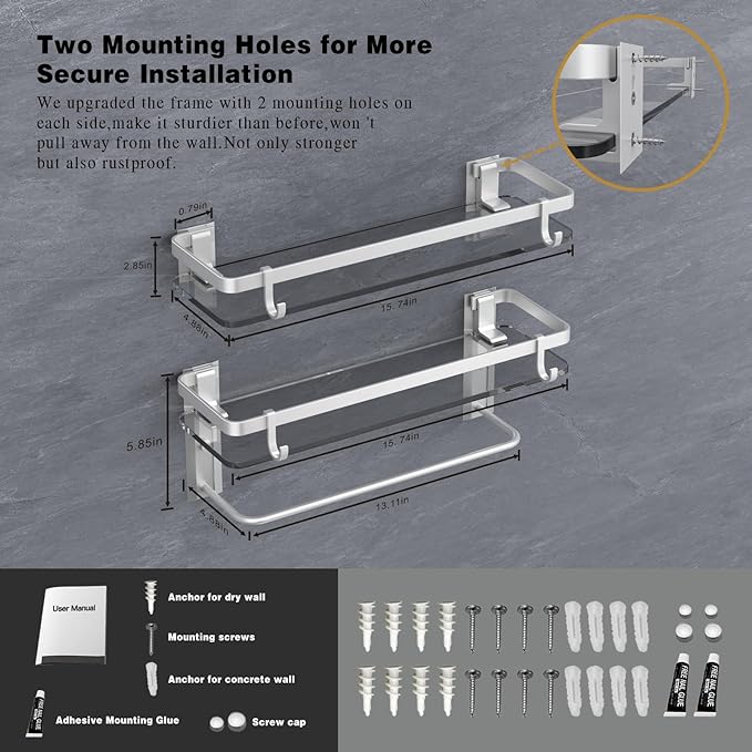 VOLPONE Glass Shelf for Bathroom 15.7 in Bathroom Shelves with Towel Bar Tempered Glass Shelves with 4 Removable Hooks for Wall（2 Tier）