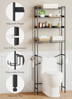 4 Tier Over The Toilet Storage Shelf with 3 Adjustable Shelves, Space Saver Bathroom Organizer with 4 Hooks, Freestanding Above Toilet Rack for Restroom Laundry (Black)