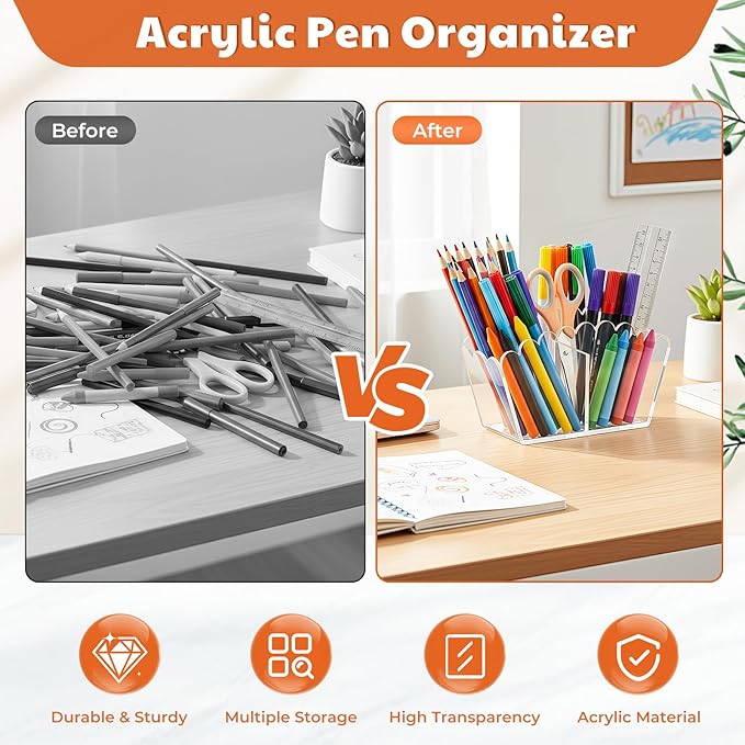 Clear Acrylic Pen Holder 2-Compartment Scalloped Desk Caddy for Office, Vanity or Bathroom – Makeup Brush & Pencil Organizer (2-Comp)