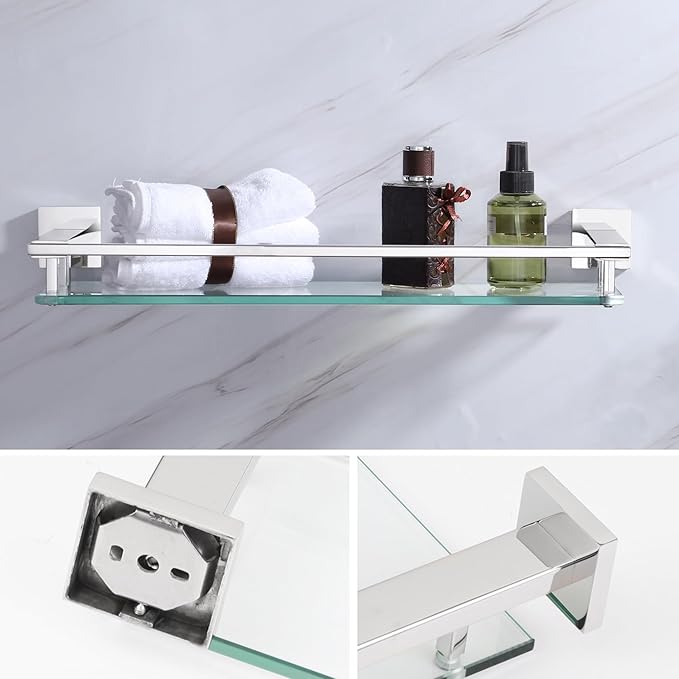 LANC Chrome Bathroom Shelf Glass Shelves 20-Inch Floating Tempered Glass Shelf Rectangular Stainless Steel Wall Mounted Silver Polished Shelves for Bathroom Kitchen Organizers Accessories, A7613CP