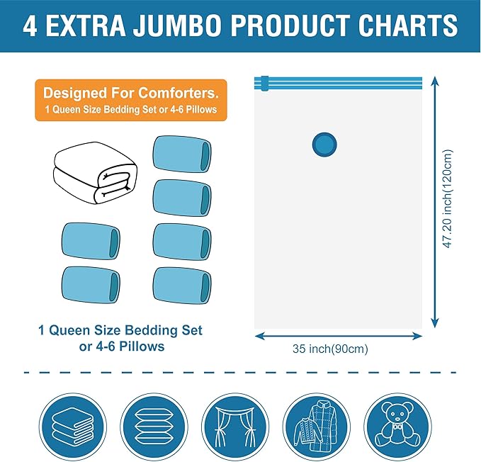 Cozy Essential Vacuum Storage Bags, Compression Space Saver Bags for Clothes, Comforters, Blankets, Pillow, Bedding, Sealer Clothing Storage,4 XXL Jumbo