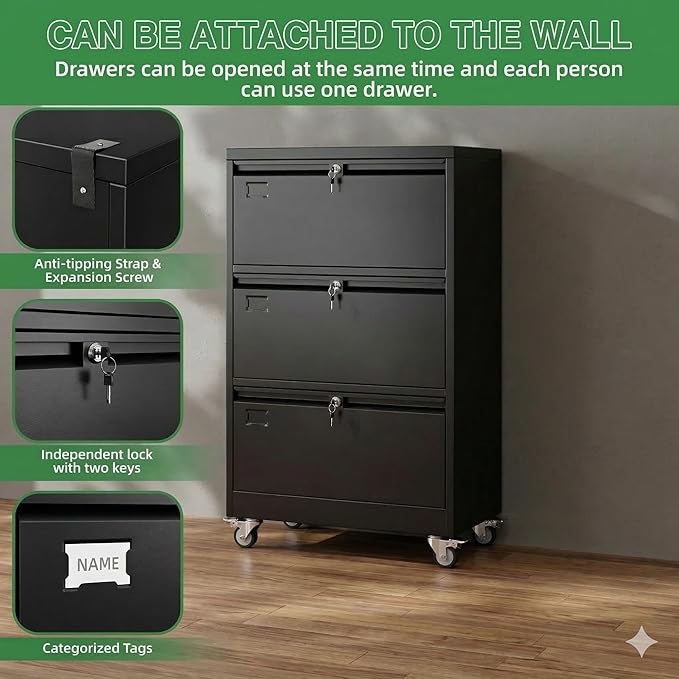 Aobabo 3 Drawer Lateral File Cabinet with Wheels, Lockable Metal Filing Cabinet for Home Office, Legal/Letter Size,Black,Required Assembled,15.87" D x 28.94" W x47.63 H
