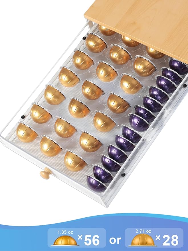 Coffee Pod Holder Drawer Organizer Capsules Storage Organizer with Sliding Drawer Compatible For Nespresso Pods, Holds up to 56 Small or 28 Big nespresso pod Oak Color