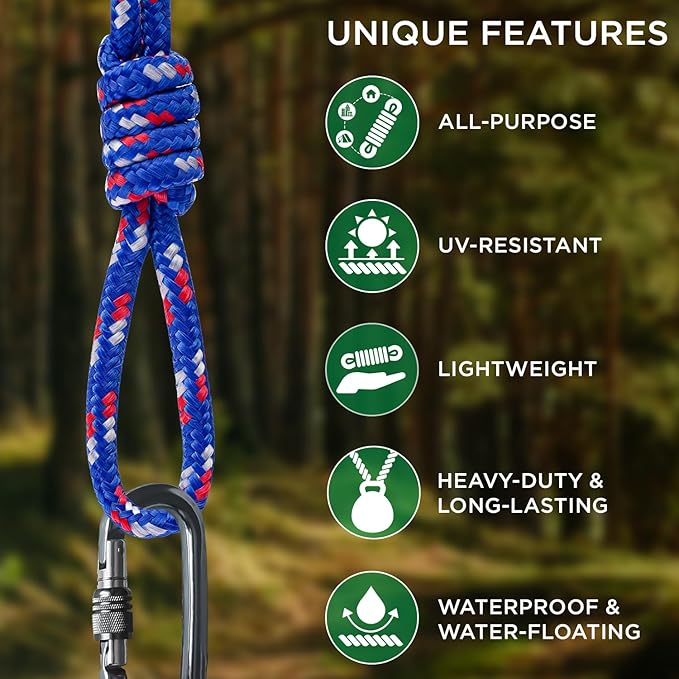 TECEUM Rope – 90 Feet x 3/8 Inch (10mm) – Patriot Mix – Strong All-Purpose Utility Rope – Camping, Crafting, Flag Pole, Indoor & Outdoor – Polypropylene Nylon Poly Lightweight Diamond Braided Cord