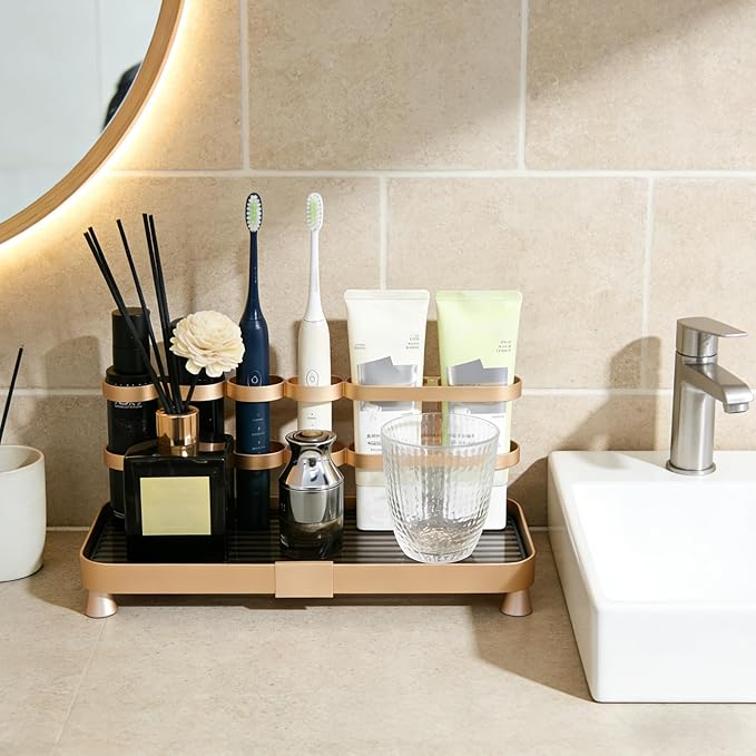 YUPER Corner Bathroom Countertop Organizer, Perfume Tray, Coffee Counter Shelf, Skincare Makeup Cosmetic Vanity Organizers, Bathroom Organizers and Storage Countertop with Brush Holders