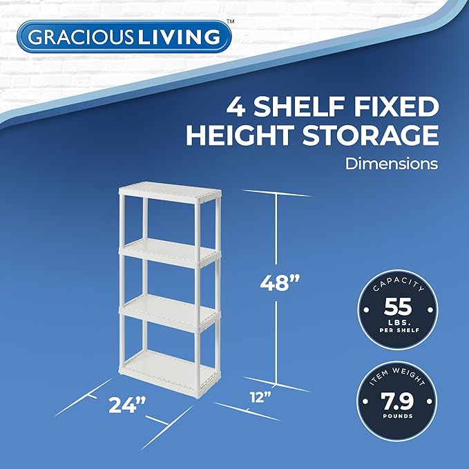 Gracious Living 4 Shelf Fixed Height Solid Light Duty Storage Unit 12 x 24 x 48 for Home, Garage, Basement, & Laundry, White (2 Pack)