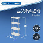Gracious Living 4 Shelf Fixed Height Solid Light Duty Storage Unit 12 x 24 x 48 for Home, Garage, Basement, & Laundry, White (2 Pack)