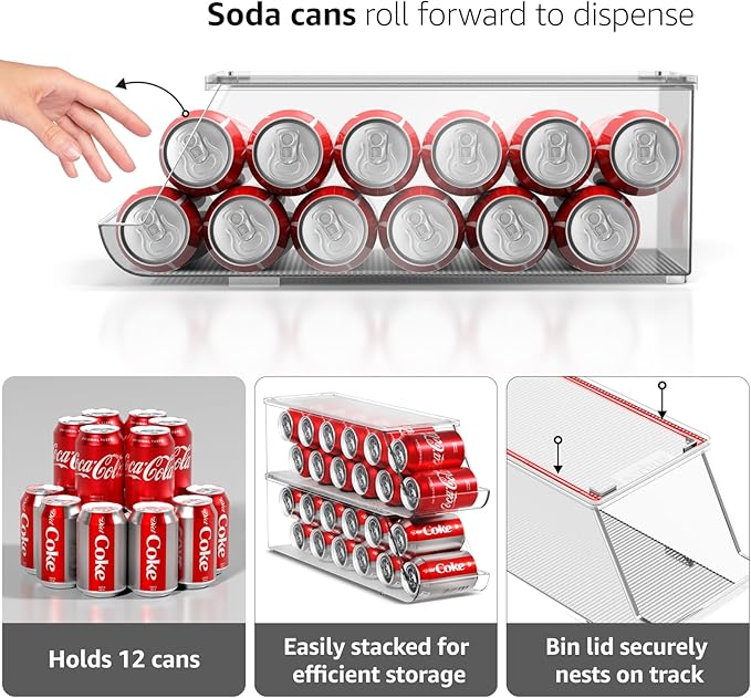 Sorbus Soda Can Organizer for Refrigerator & Egg Holder for Fridge Set, 2 Stackable Can Holder Dispenser Holds 12 Cans Each & 2 Egg Holders with Lid holds 14 eggs for Fridge, Pantry, Freezer, BPA-Free