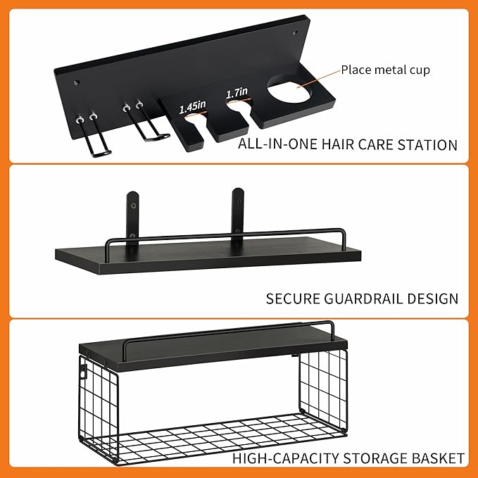 Wall Mounted Bathroom Organizer Shelves Over Toilet, 3-Tier Rustic Wooden Floating Shelf with Metal Basket and Hair Care Styling Tool Holder for Toilet Paper, Towels & Toiletries, Bathroom Decor