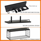 Wall Mounted Bathroom Organizer Shelves Over Toilet, 3-Tier Rustic Wooden Floating Shelf with Metal Basket and Hair Care Styling Tool Holder for Toilet Paper, Towels & Toiletries, Bathroom Decor