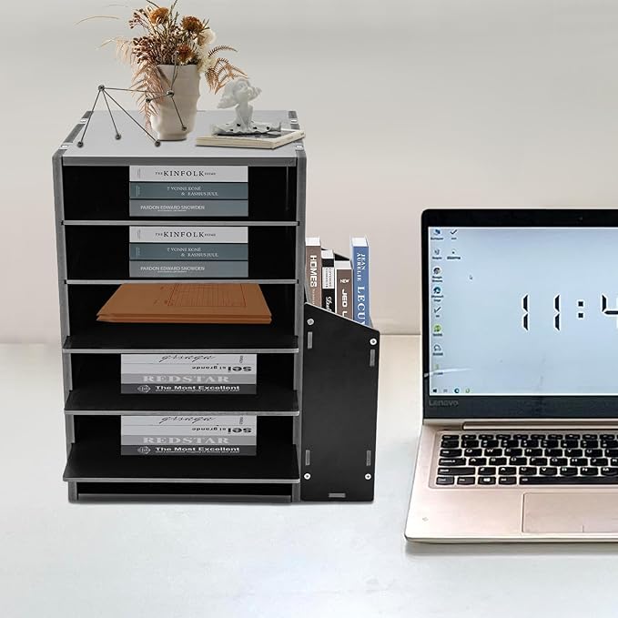 Literature Organizers With Side Storage cabinet, 6 Compartments Office Mailbox with Adjustable Shelves, PVC Board Literature Sorter for Office, Home, Classroom, Mailrooms Organization, Black