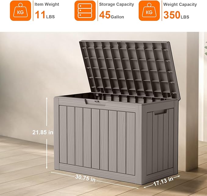 Vixzen 45 Gallon Waterproof Resin Deck Box, UV Resistant Outdoor Storage for Garden, Patio, Porch, Delivery（Grey，45 Gallon）