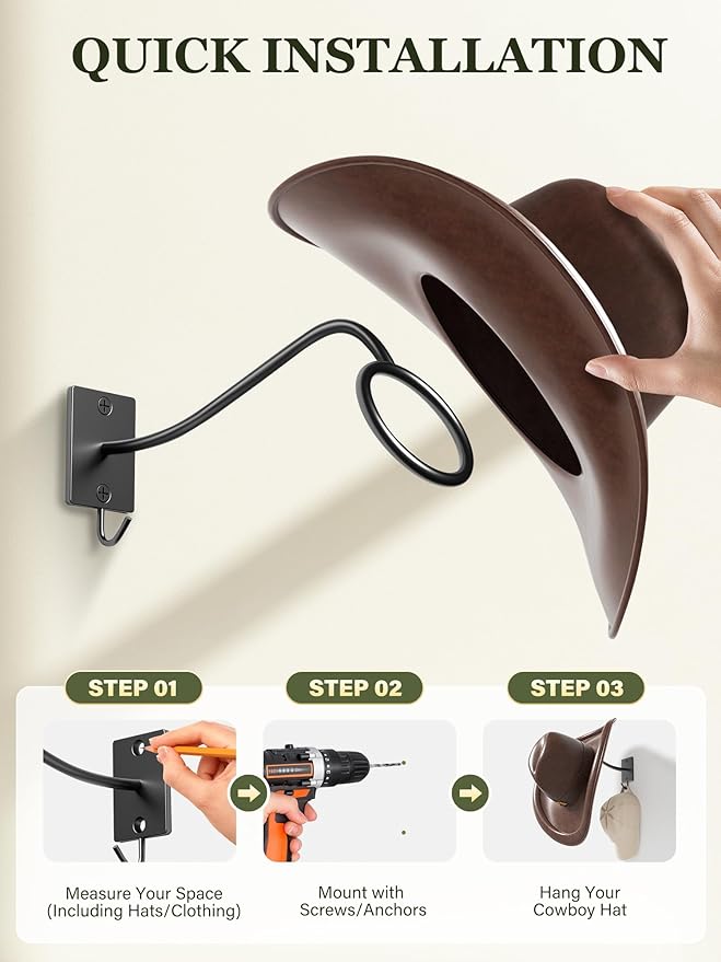 Cinati Cowboy Hat Rack for Wall 4 Pack, Cowboy Hat Holder Wall Mount, Western Rustic Metal Hats Hanger Hooks Organizer for Fedora,Sun Hats,Wide Brim, Extra Hooks for Baseball Caps,Western Room Decor