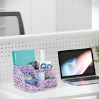 EasyPAG Pen Holder Desk Organizer with Drawer Pencil Cup for Desk 6 Compartments Metal Office Caddy Storage with Sticky Notes Holder for School Home Office, Purple