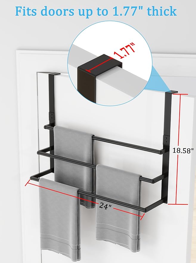 24Inch Over The Door Towel Rack, Stainless Steel DOKU Door Towel Hanger, Over Door Towel Holder with 3 Tier Towel Bars, Matte Black Over Door Towel Storage for Bathroom