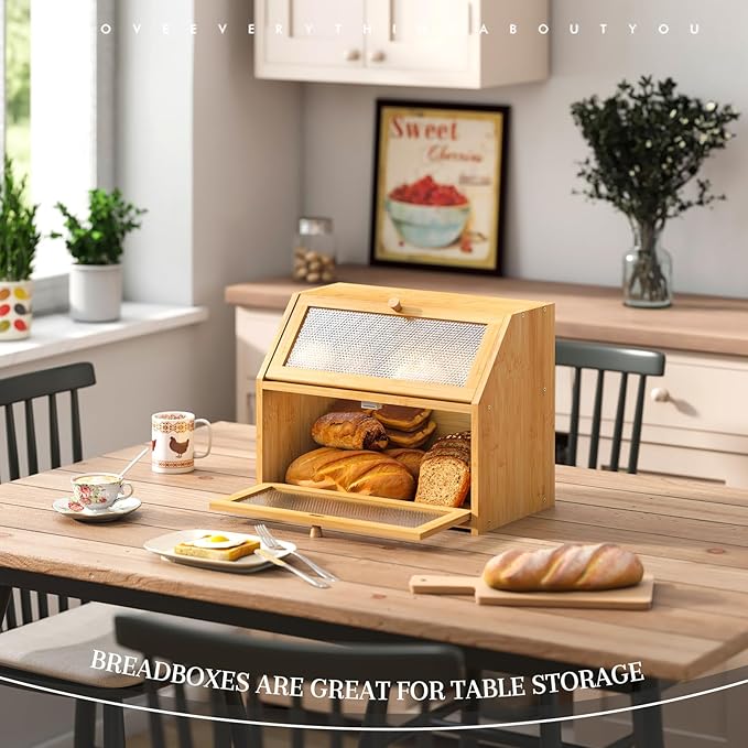 Bread Box for Kitchen Countertop Bin Double Layer Bread Box Storage Container Extra Large Capacity Farmhouse with Diamond Pattern Windows (Natural, Large)