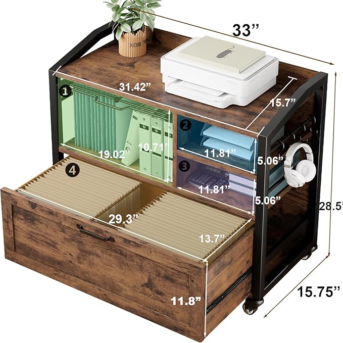 HSH Mobile Lateral File Cabinet with Drawer, Rolling Filing Cabinet with Storage Shelves & Hanging File Folders, Wooden Metal Printer Stand Fits A4 Letter Legal Size for Home Office, Rustic Brown,33In
