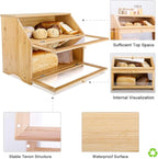 HOMEKOKO Double Layer Large Bread Box for Kitchen Counter, Wooden Large Capacity Bread Storage Bin (Natural Bamboo)