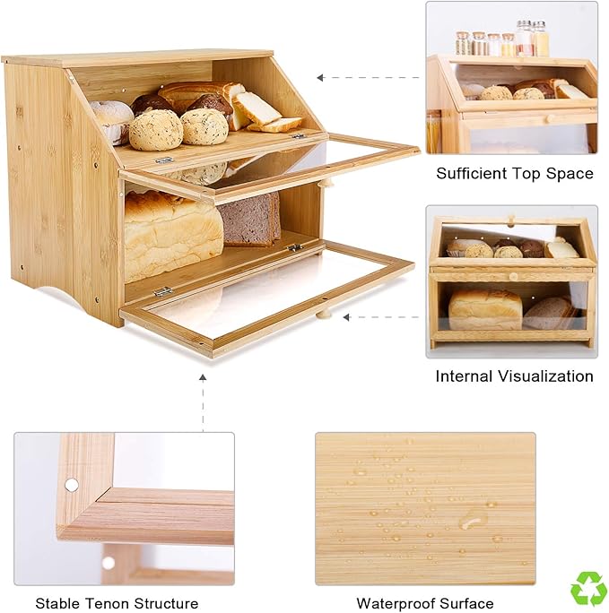 HOMEKOKO Double Layer Large Bread Box for Kitchen Counter, Wooden Large Capacity Bread Storage Bin (Natural Bamboo)