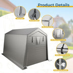 7 x 12 FT Carport, Portable Shed w/220G Heavy Duty Waterproof PE Tarp, Roll-up Zipper Door & Vent, Weather-Resistant Storage Shed for Motorcycle, Bike and Tools, Gray