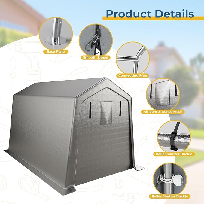 7 x 12 FT Carport, Portable Shed w/220G Heavy Duty Waterproof PE Tarp, Roll-up Zipper Door & Vent, Weather-Resistant Storage Shed for Motorcycle, Bike and Tools, Gray