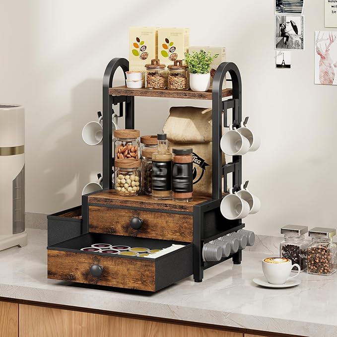 HOOBRO Coffee Mug Tree, 2 Tier Mug Organizer, Coffee Mug Cup Holder with Drawer for 40K-Cup Pods, Mug Display Stand with 8 Hooks, Countertop Holder Rack for Kitchens, Black and Rustic Brown BF04CR01